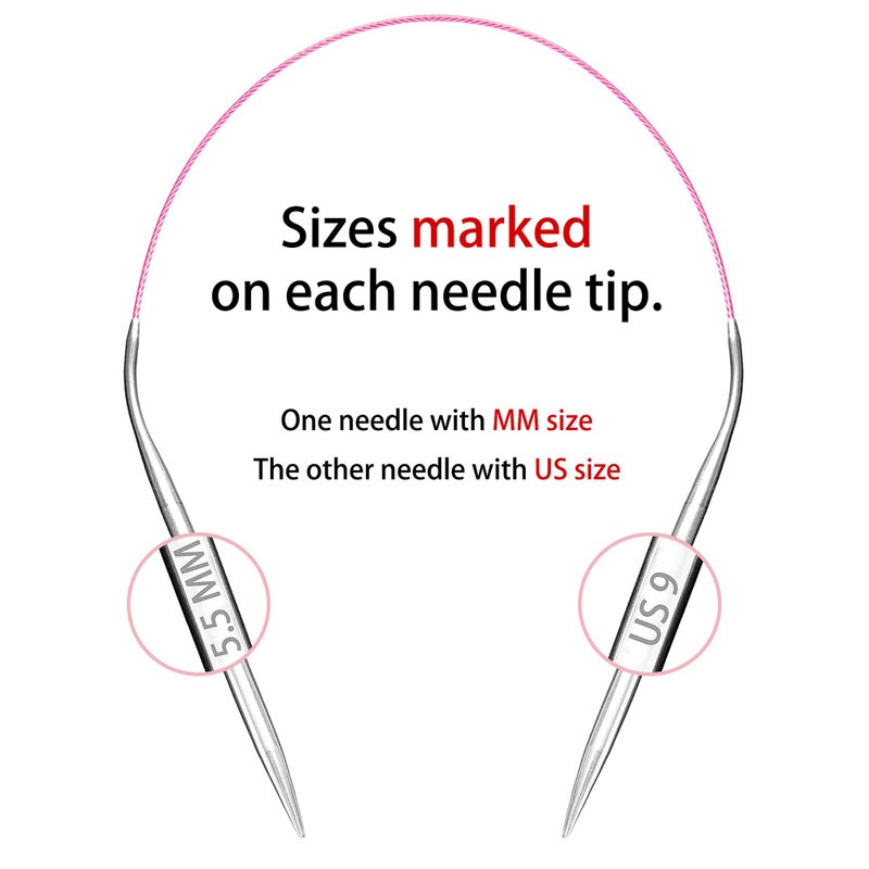 cuteDIY Size 9 Circular Knitting Needles 16 Inch Set Round Metal Kit (Etched US&mm, Color-Coded Cable, Smooth Join) - Image 4